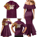 Personalized Brisbane Broncos Family Matching Mermaid Dress and Hawaiian Shirt Polynesian Tribal Chest and Sleeve Tattoo