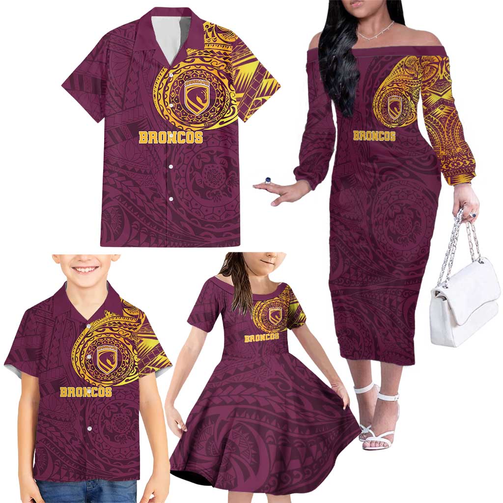 Personalized Brisbane Broncos Family Matching Off The Shoulder Long Sleeve Dress and Hawaiian Shirt Polynesian Tribal Chest and Sleeve Tattoo