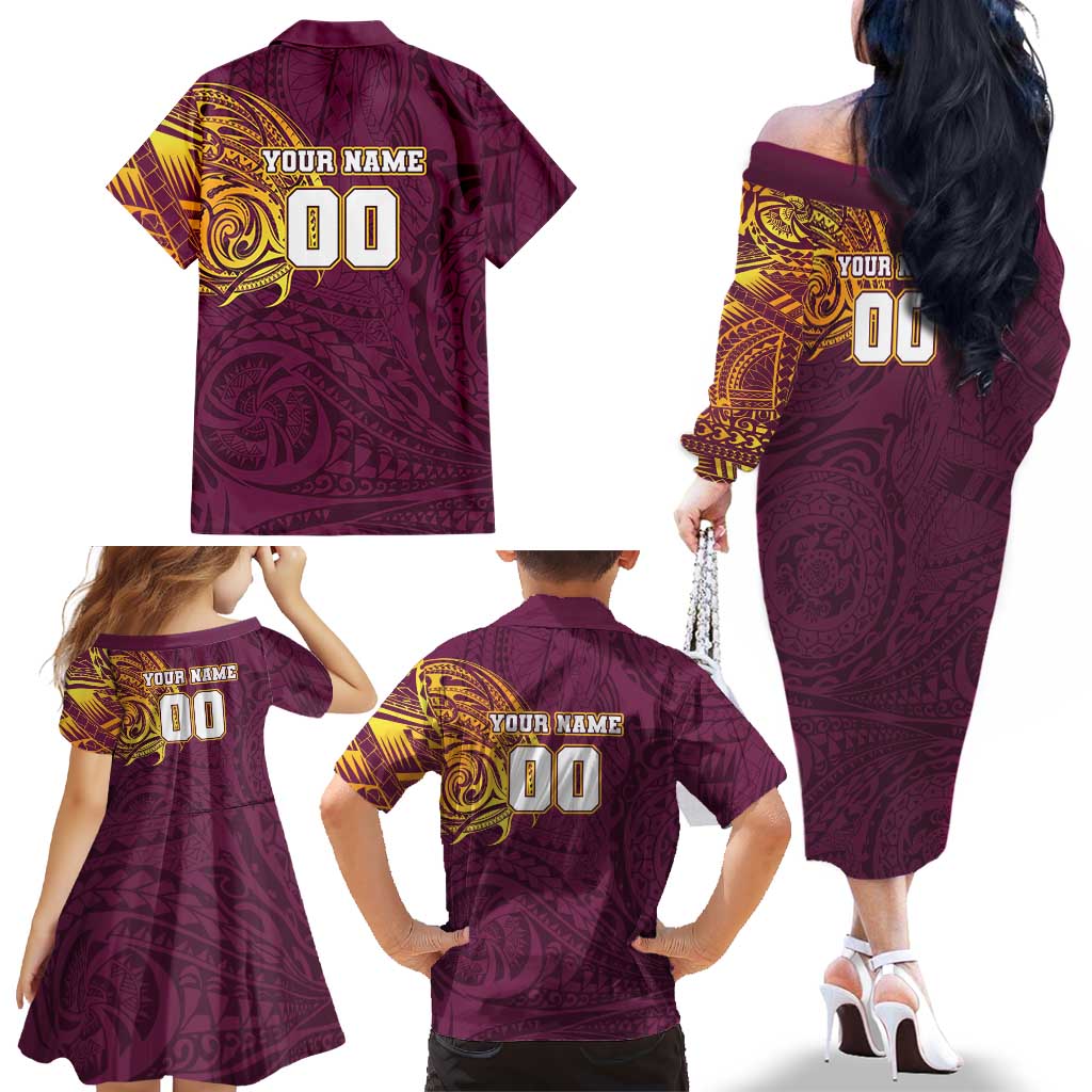 Personalized Brisbane Broncos Family Matching Off The Shoulder Long Sleeve Dress and Hawaiian Shirt Polynesian Tribal Chest and Sleeve Tattoo