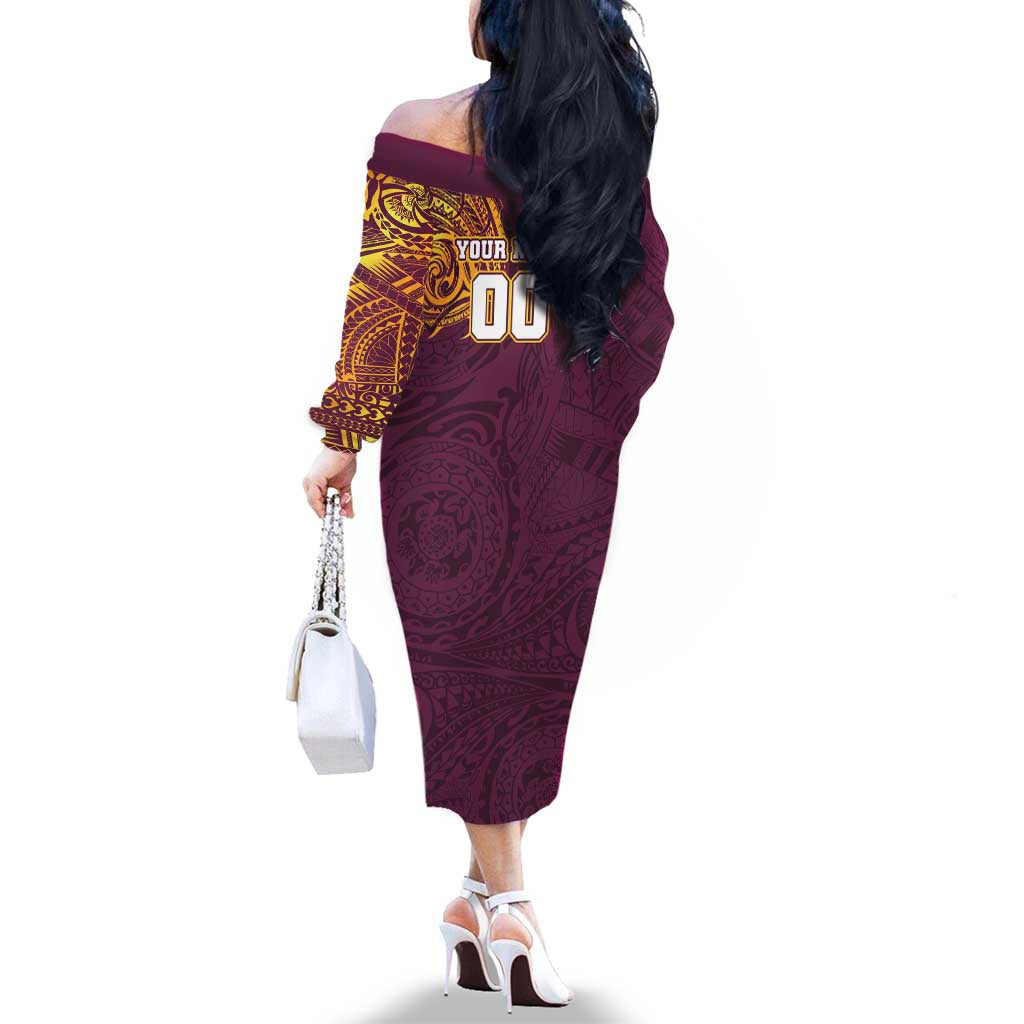 Personalized Brisbane Broncos Family Matching Off The Shoulder Long Sleeve Dress and Hawaiian Shirt Polynesian Tribal Chest and Sleeve Tattoo