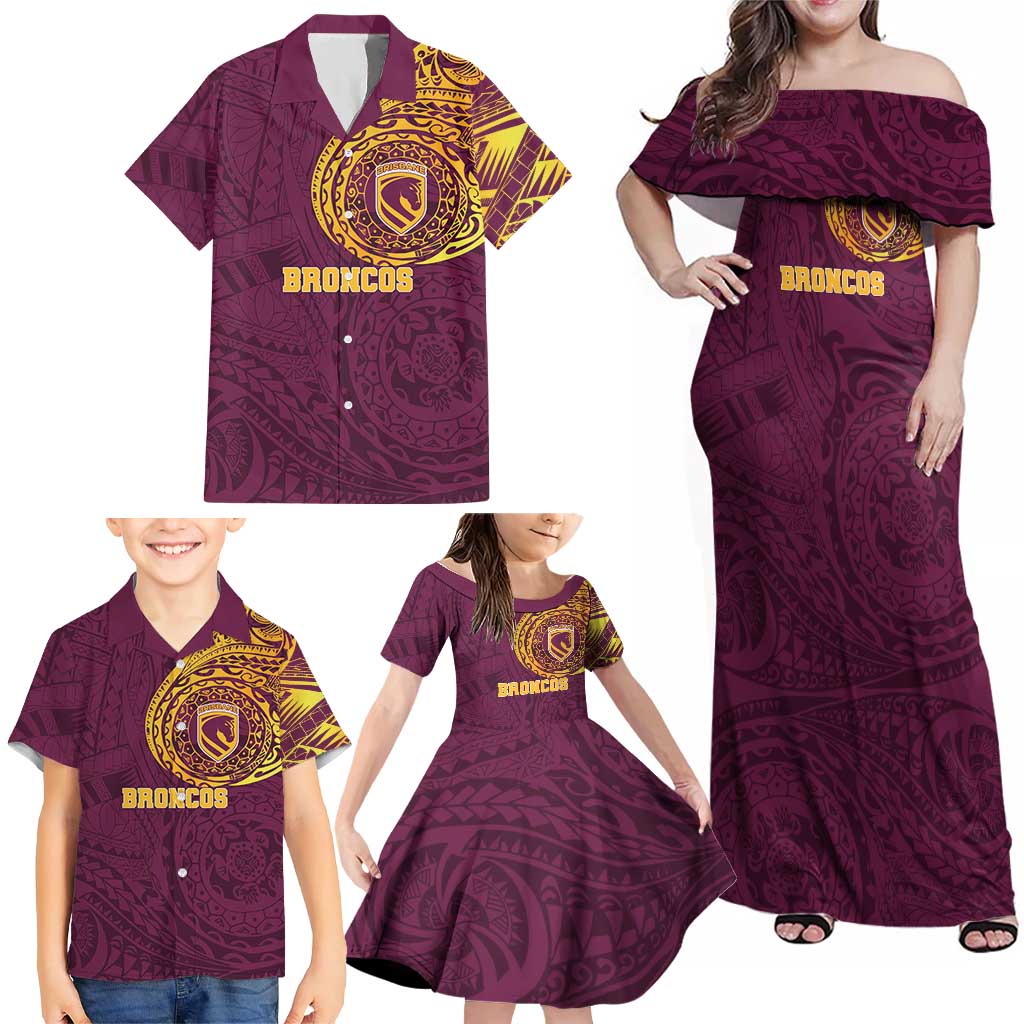 Personalized Brisbane Broncos Family Matching Off Shoulder Maxi Dress and Hawaiian Shirt Polynesian Tribal Chest and Sleeve Tattoo