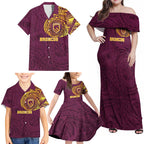 Personalized Brisbane Broncos Family Matching Off Shoulder Maxi Dress and Hawaiian Shirt Polynesian Tribal Chest and Sleeve Tattoo