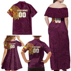 Personalized Brisbane Broncos Family Matching Off Shoulder Maxi Dress and Hawaiian Shirt Polynesian Tribal Chest and Sleeve Tattoo