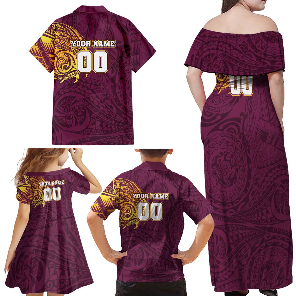 Personalized Brisbane Broncos Family Matching Off Shoulder Maxi Dress and Hawaiian Shirt Polynesian Tribal Chest and Sleeve Tattoo