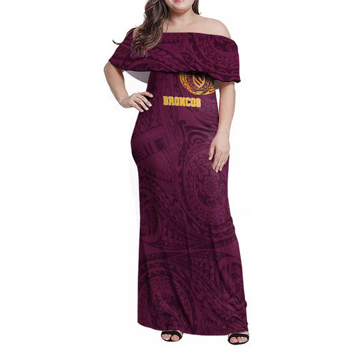 Personalized Brisbane Broncos Family Matching Off Shoulder Maxi Dress and Hawaiian Shirt Polynesian Tribal Chest and Sleeve Tattoo