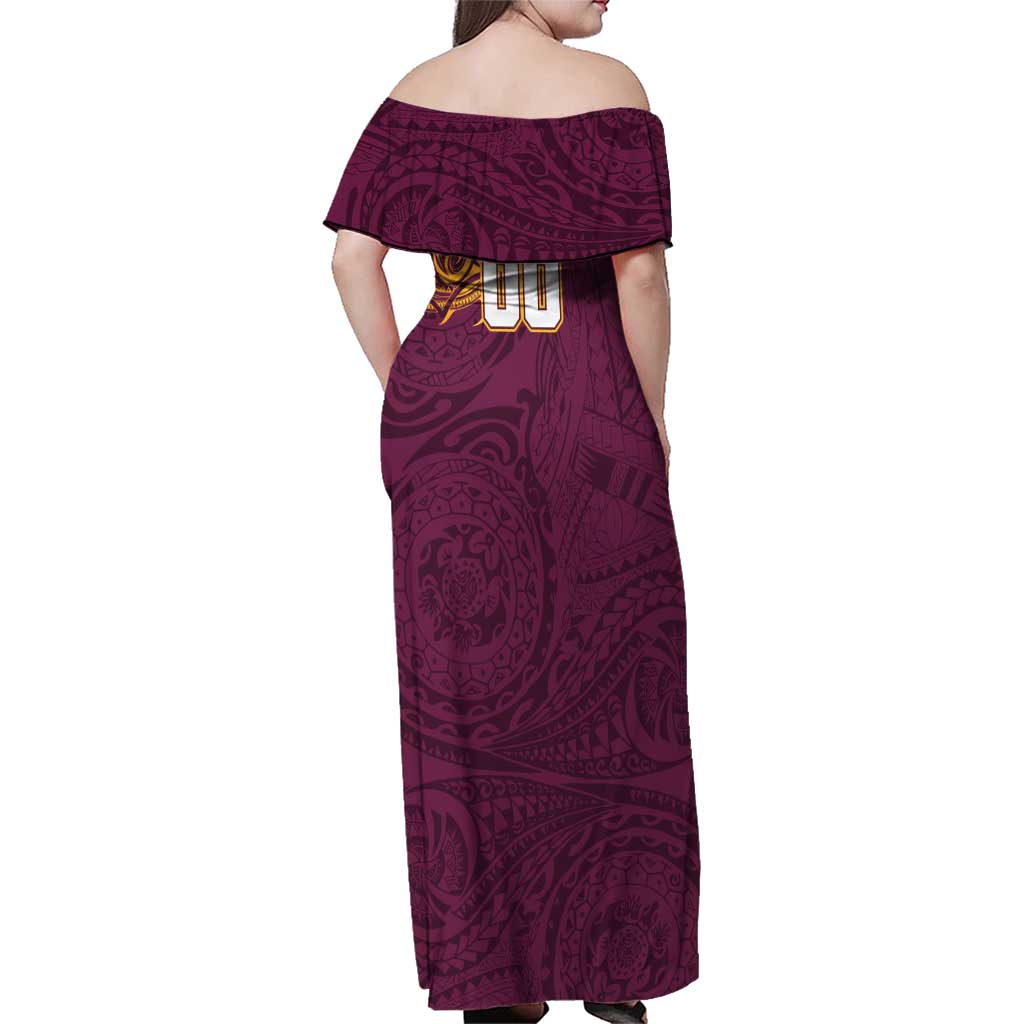 Personalized Brisbane Broncos Family Matching Off Shoulder Maxi Dress and Hawaiian Shirt Polynesian Tribal Chest and Sleeve Tattoo