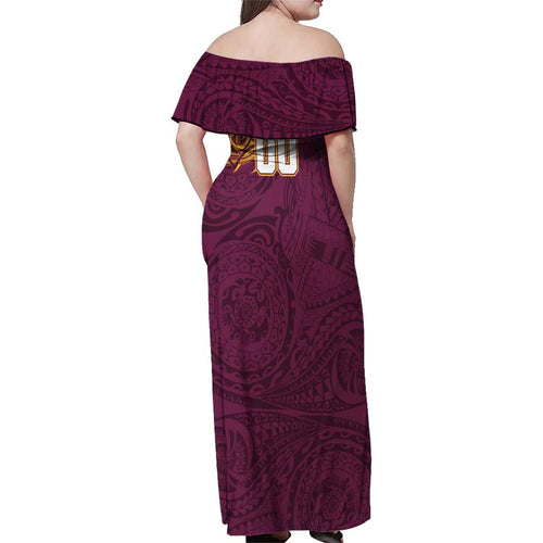 Personalized Brisbane Broncos Family Matching Off Shoulder Maxi Dress and Hawaiian Shirt Polynesian Tribal Chest and Sleeve Tattoo