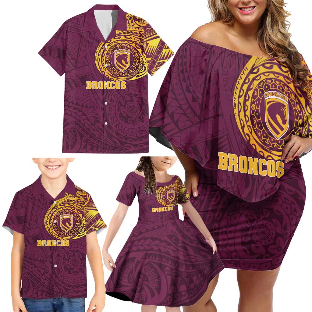 Personalized Brisbane Broncos Family Matching Off Shoulder Short Dress and Hawaiian Shirt Polynesian Tribal Chest and Sleeve Tattoo