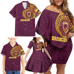 Personalized Brisbane Broncos Family Matching Off Shoulder Short Dress and Hawaiian Shirt Polynesian Tribal Chest and Sleeve Tattoo
