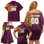 Personalized Brisbane Broncos Family Matching Off Shoulder Short Dress and Hawaiian Shirt Polynesian Tribal Chest and Sleeve Tattoo