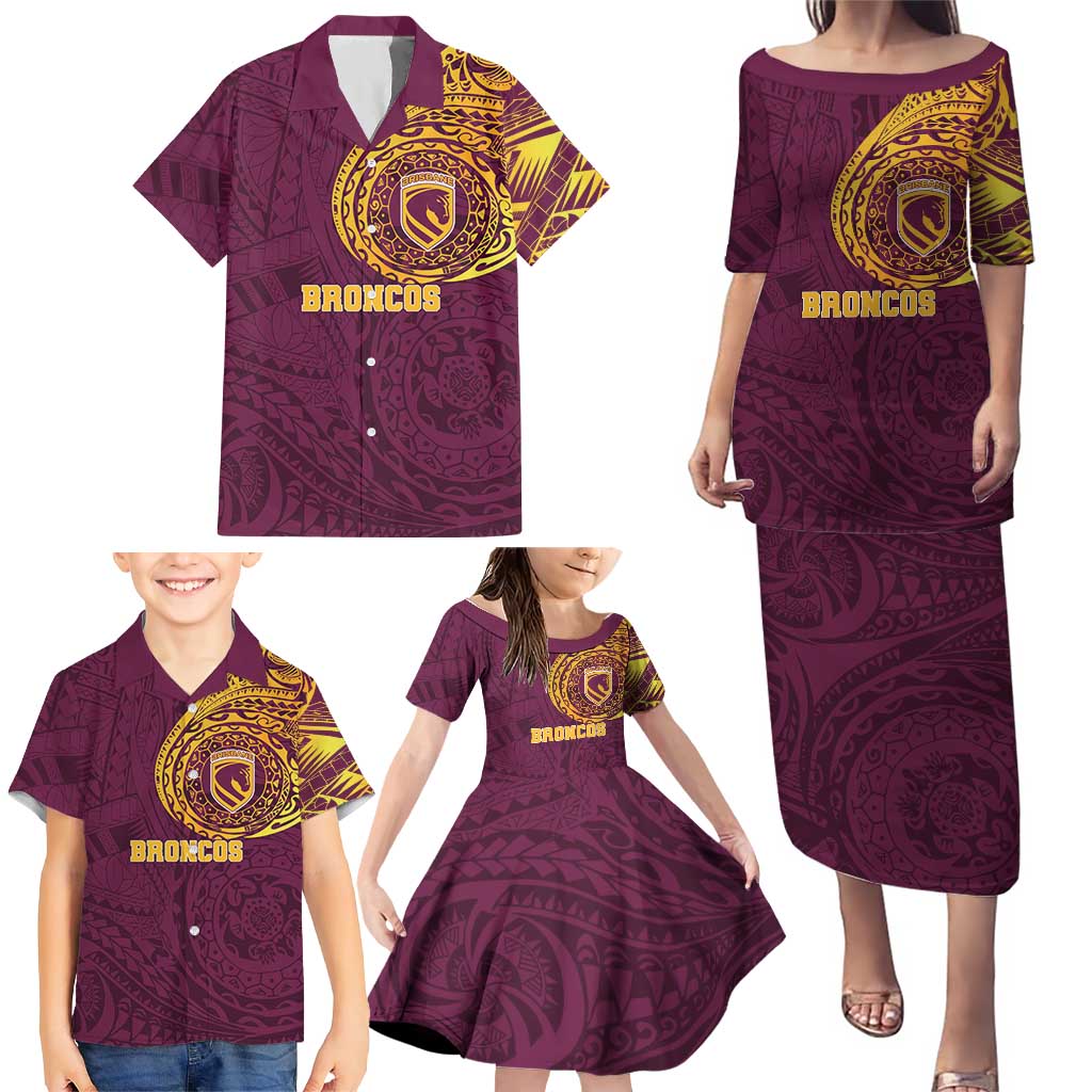 Personalized Brisbane Broncos Family Matching Puletasi and Hawaiian Shirt Polynesian Tribal Chest and Sleeve Tattoo