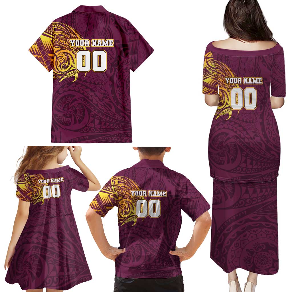 Personalized Brisbane Broncos Family Matching Puletasi and Hawaiian Shirt Polynesian Tribal Chest and Sleeve Tattoo