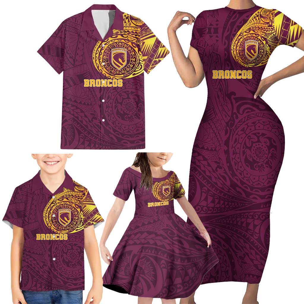 Personalized Brisbane Broncos Family Matching Short Sleeve Bodycon Dress and Hawaiian Shirt Polynesian Tribal Chest and Sleeve Tattoo