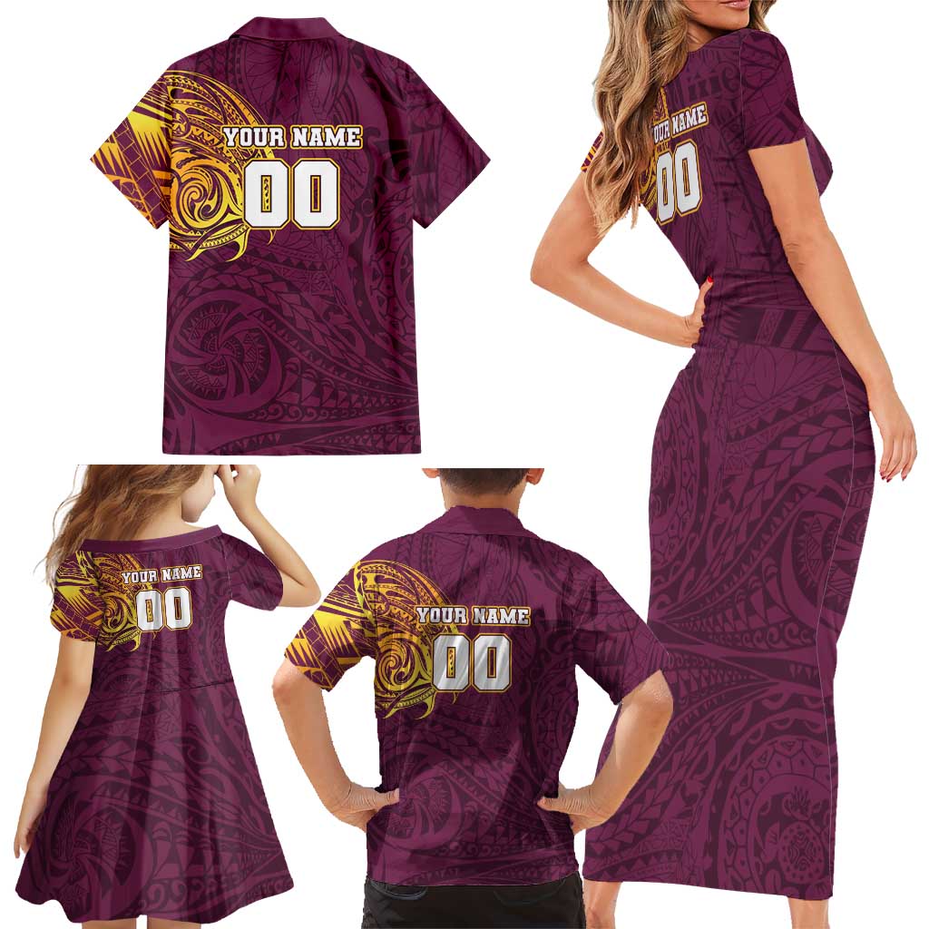 Personalized Brisbane Broncos Family Matching Short Sleeve Bodycon Dress and Hawaiian Shirt Polynesian Tribal Chest and Sleeve Tattoo