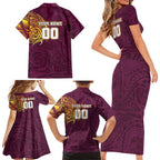 Personalized Brisbane Broncos Family Matching Short Sleeve Bodycon Dress and Hawaiian Shirt Polynesian Tribal Chest and Sleeve Tattoo