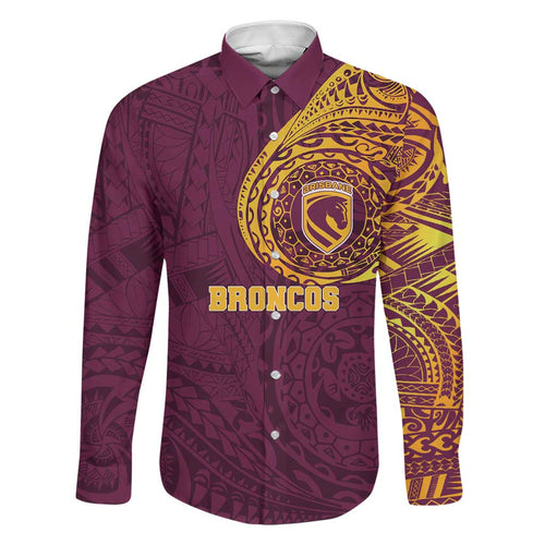 Personalized Brisbane Broncos Family Matching Short Sleeve Bodycon Dress and Hawaiian Shirt Polynesian Tribal Chest and Sleeve Tattoo