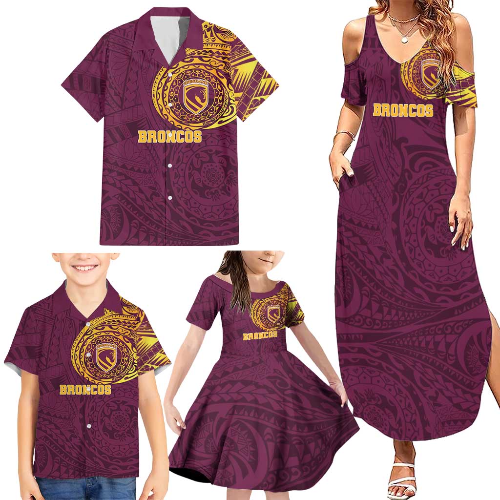Personalized Brisbane Broncos Family Matching Summer Maxi Dress and Hawaiian Shirt Polynesian Tribal Chest and Sleeve Tattoo