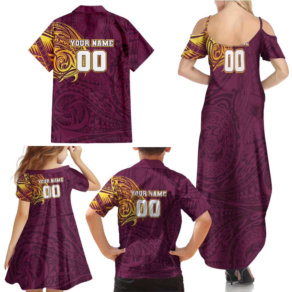 Personalized Brisbane Broncos Family Matching Summer Maxi Dress and Hawaiian Shirt Polynesian Tribal Chest and Sleeve Tattoo