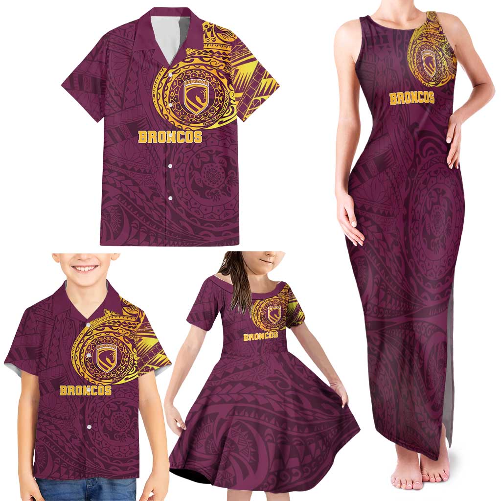 Personalized Brisbane Broncos Family Matching Tank Maxi Dress and Hawaiian Shirt Polynesian Tribal Chest and Sleeve Tattoo