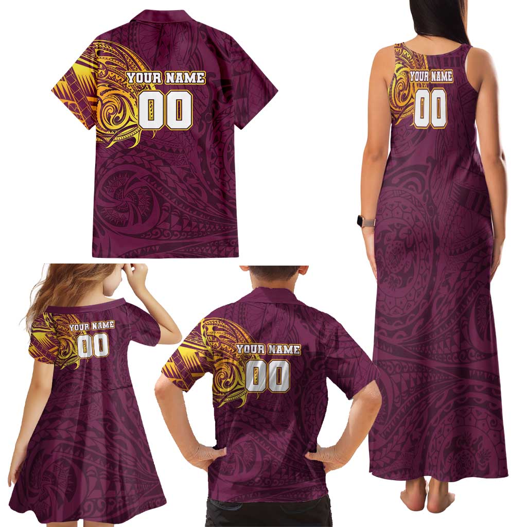 Personalized Brisbane Broncos Family Matching Tank Maxi Dress and Hawaiian Shirt Polynesian Tribal Chest and Sleeve Tattoo