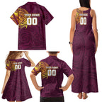 Personalized Brisbane Broncos Family Matching Tank Maxi Dress and Hawaiian Shirt Polynesian Tribal Chest and Sleeve Tattoo