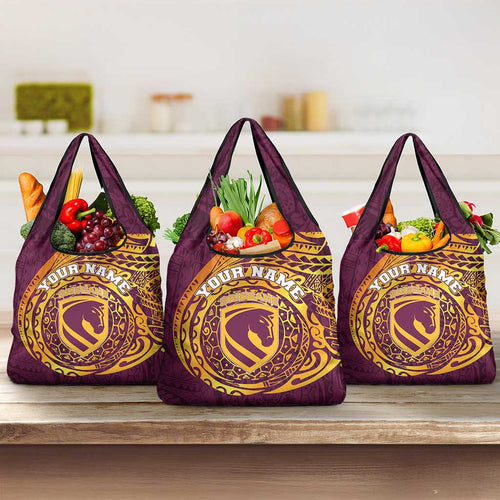 Personalized Brisbane Broncos Grocery Bag Polynesian Tribal Chest and Sleeve Tattoo