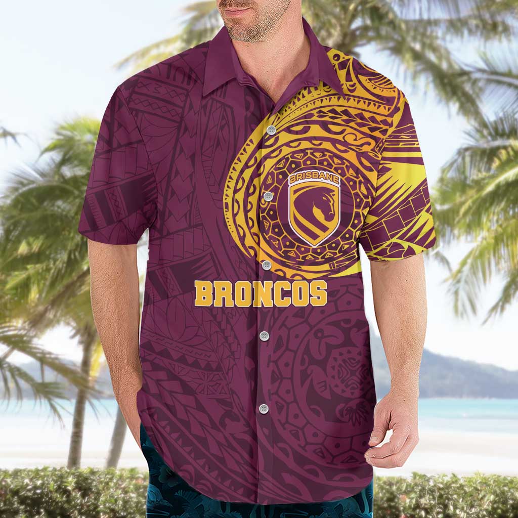 Personalized Brisbane Broncos Hawaiian Shirt Polynesian Tribal Chest and Sleeve Tattoo