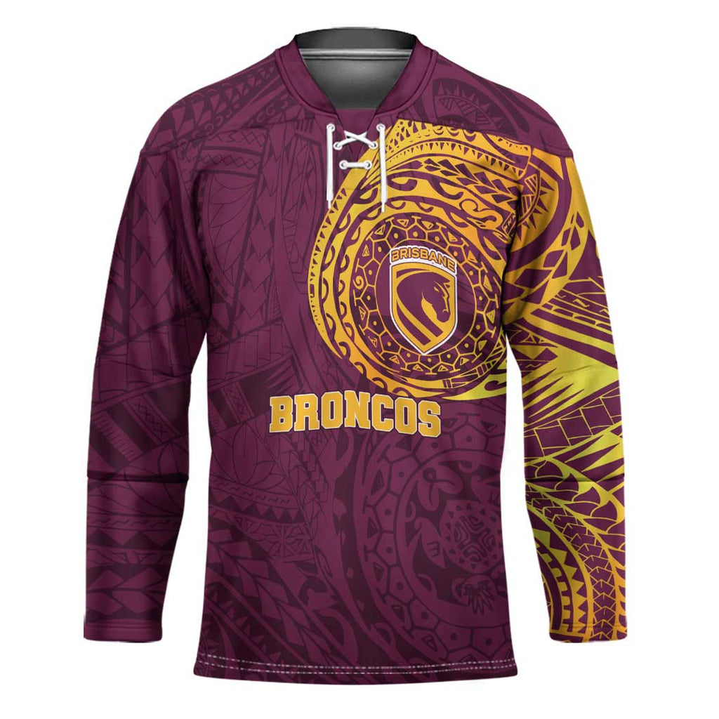 Personalized Brisbane Broncos Hockey Jersey Polynesian Tribal Chest and Sleeve Tattoo