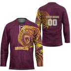 Personalized Brisbane Broncos Hockey Jersey Polynesian Tribal Chest and Sleeve Tattoo