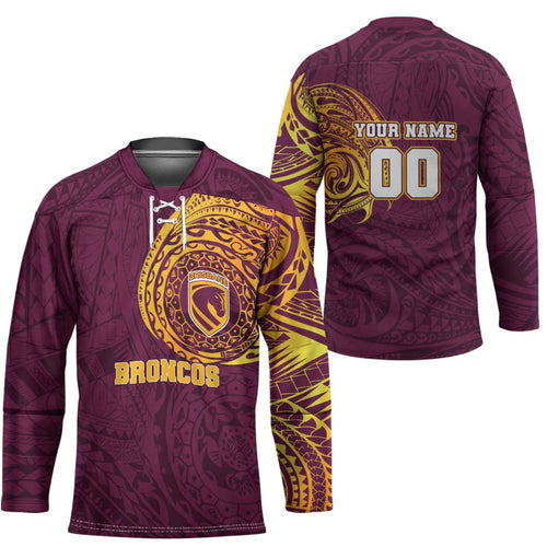 Personalized Brisbane Broncos Hockey Jersey Polynesian Tribal Chest and Sleeve Tattoo