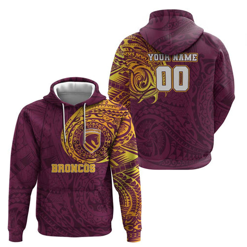 Personalized Brisbane Broncos Hoodie Polynesian Tribal Chest and Sleeve Tattoo