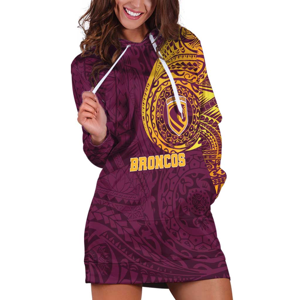 Personalized Brisbane Broncos Hoodie Dress Polynesian Tribal Chest and Sleeve Tattoo