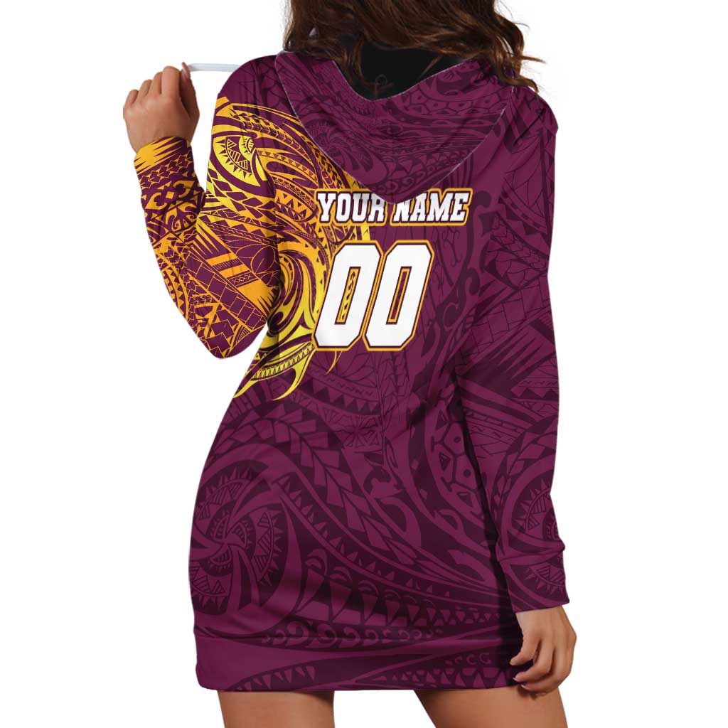 Personalized Brisbane Broncos Hoodie Dress Polynesian Tribal Chest and Sleeve Tattoo