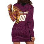 Personalized Brisbane Broncos Hoodie Dress Polynesian Tribal Chest and Sleeve Tattoo