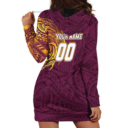 Personalized Brisbane Broncos Hoodie Dress Polynesian Tribal Chest and Sleeve Tattoo