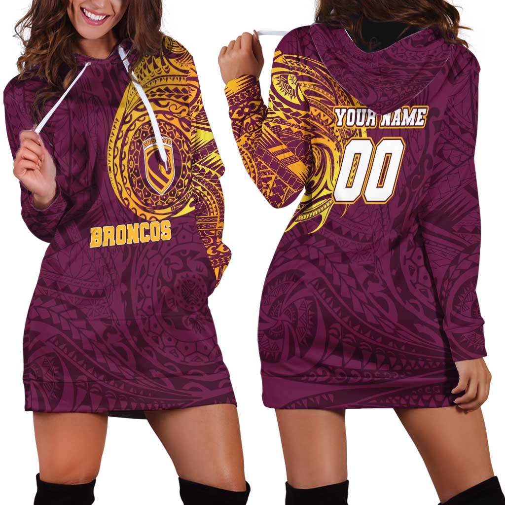 Personalized Brisbane Broncos Hoodie Dress Polynesian Tribal Chest and Sleeve Tattoo