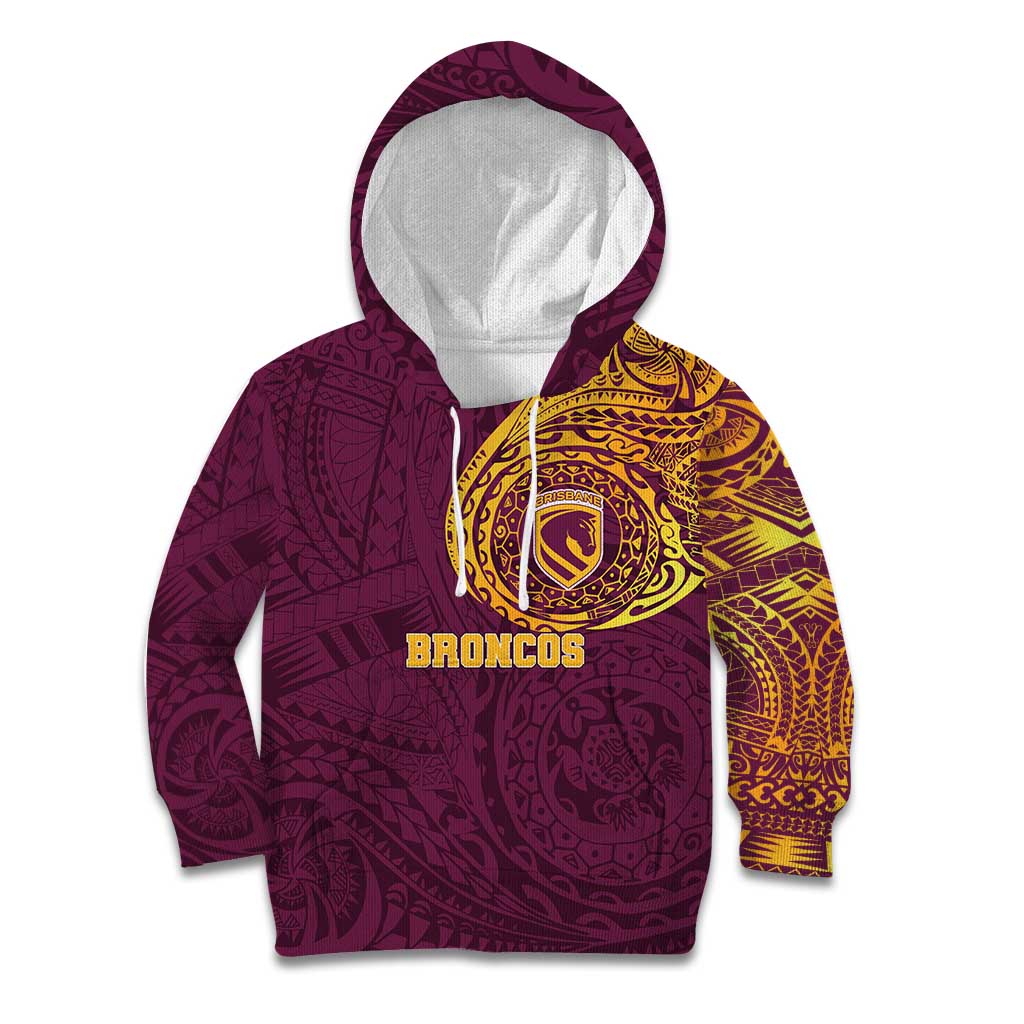 Personalized Brisbane Broncos Kid Hoodie Polynesian Tribal Chest and Sleeve Tattoo