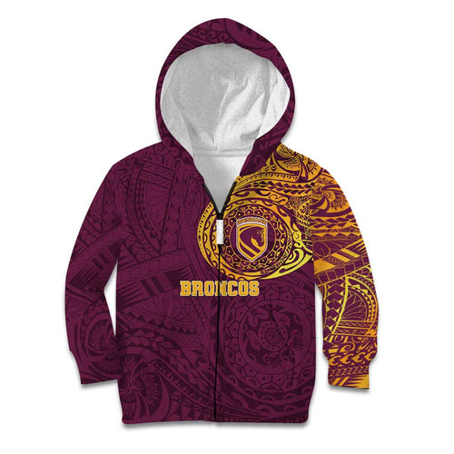 Personalized Brisbane Broncos Kid Hoodie Polynesian Tribal Chest and Sleeve Tattoo