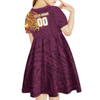 Personalized Brisbane Broncos Kid Short Sleeve Dress Polynesian Tribal Chest and Sleeve Tattoo