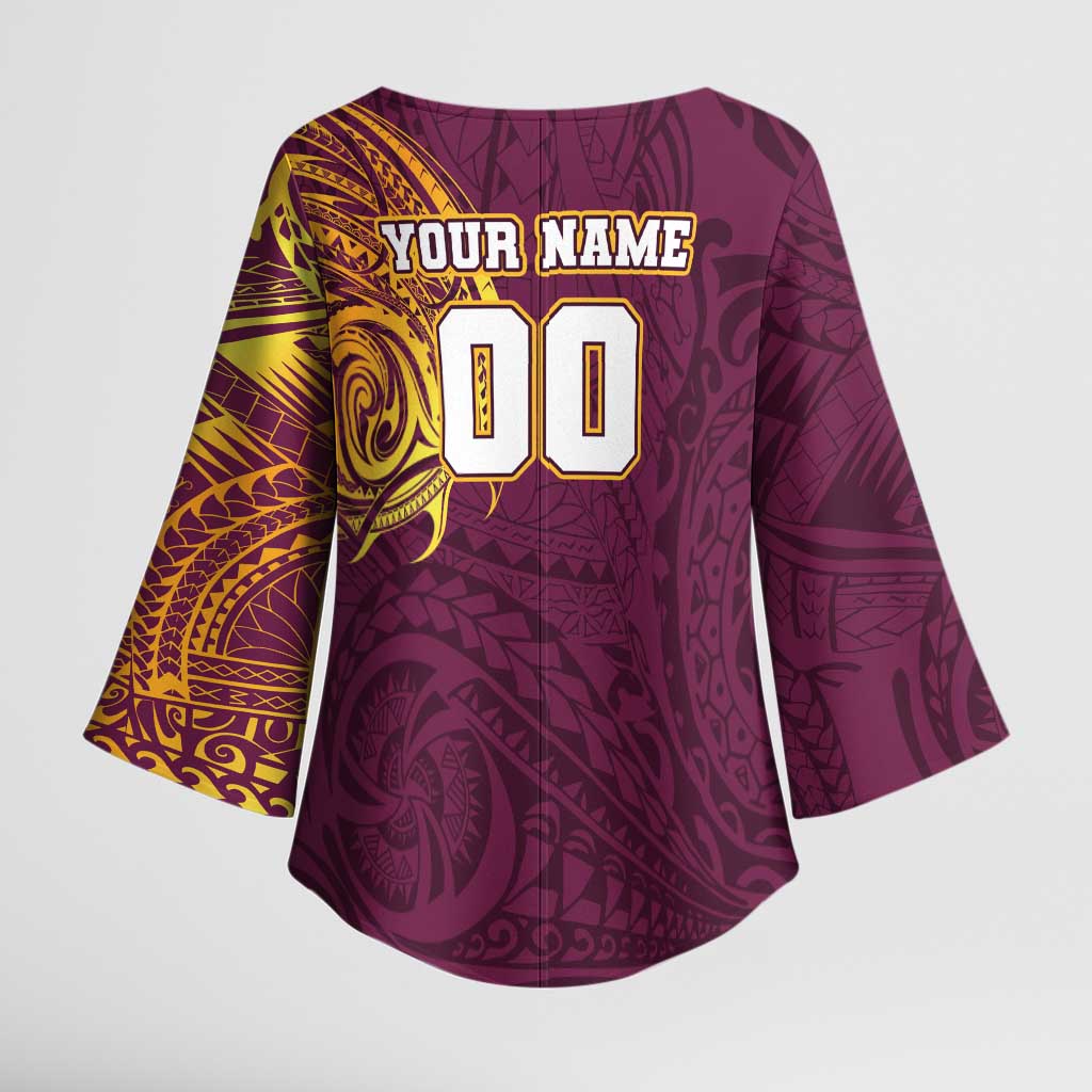 Personalized Brisbane Broncos Kimono Sleeve Blouse Polynesian Tribal Chest and Sleeve Tattoo
