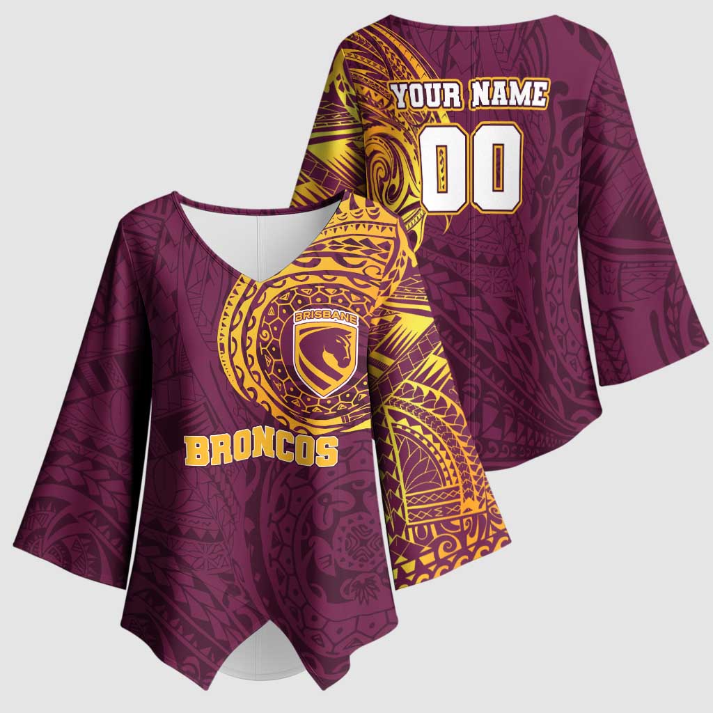 Personalized Brisbane Broncos Kimono Sleeve Blouse Polynesian Tribal Chest and Sleeve Tattoo