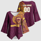 Personalized Brisbane Broncos Kimono Sleeve Blouse Polynesian Tribal Chest and Sleeve Tattoo