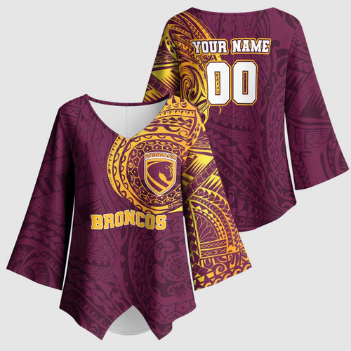 Personalized Brisbane Broncos Kimono Sleeve Blouse Polynesian Tribal Chest and Sleeve Tattoo