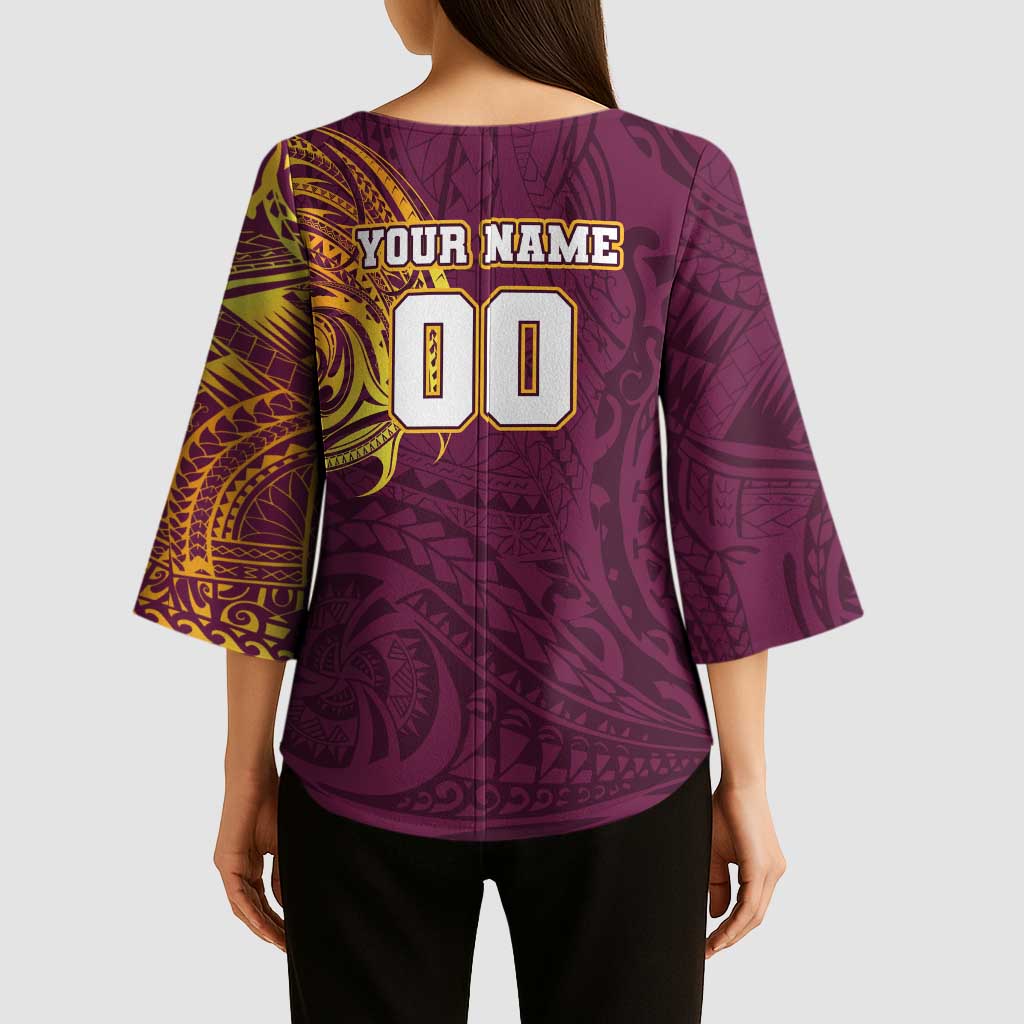 Personalized Brisbane Broncos Kimono Sleeve Blouse Polynesian Tribal Chest and Sleeve Tattoo