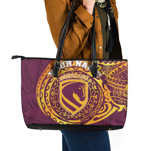 Personalized Brisbane Broncos Leather Tote Bag Polynesian Tribal Chest and Sleeve Tattoo