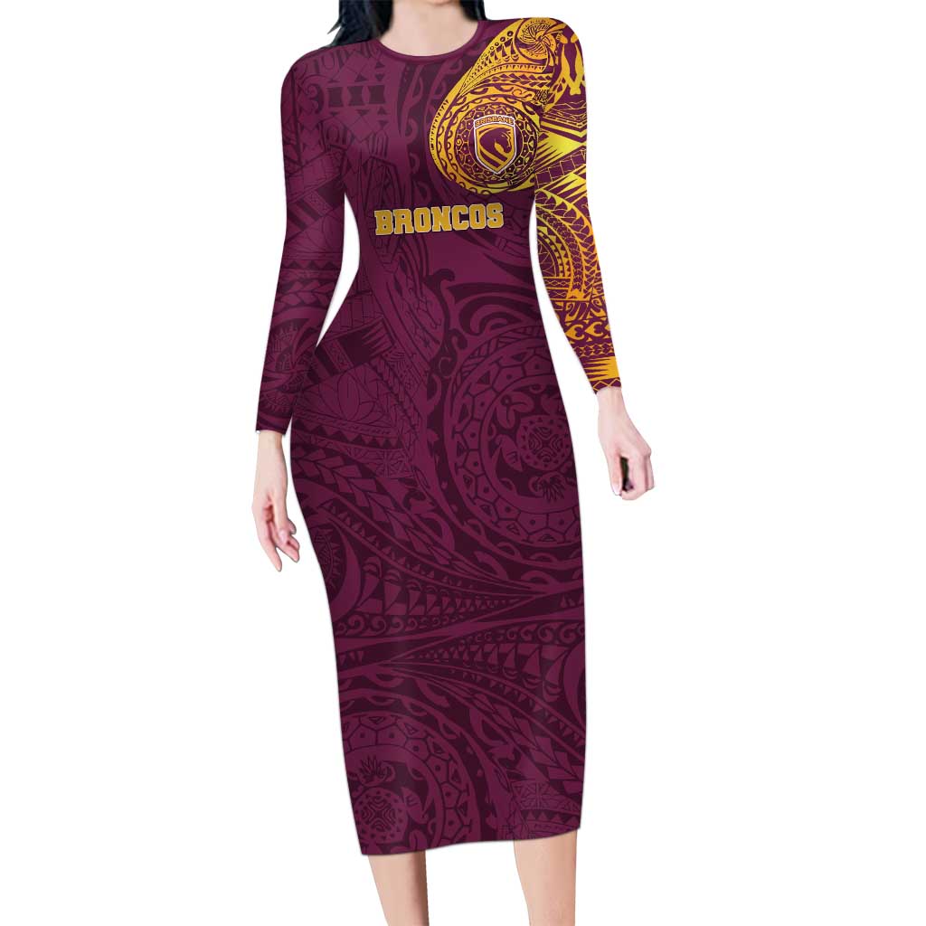 Personalized Brisbane Broncos Long Sleeve Bodycon Dress Polynesian Tribal Chest and Sleeve Tattoo