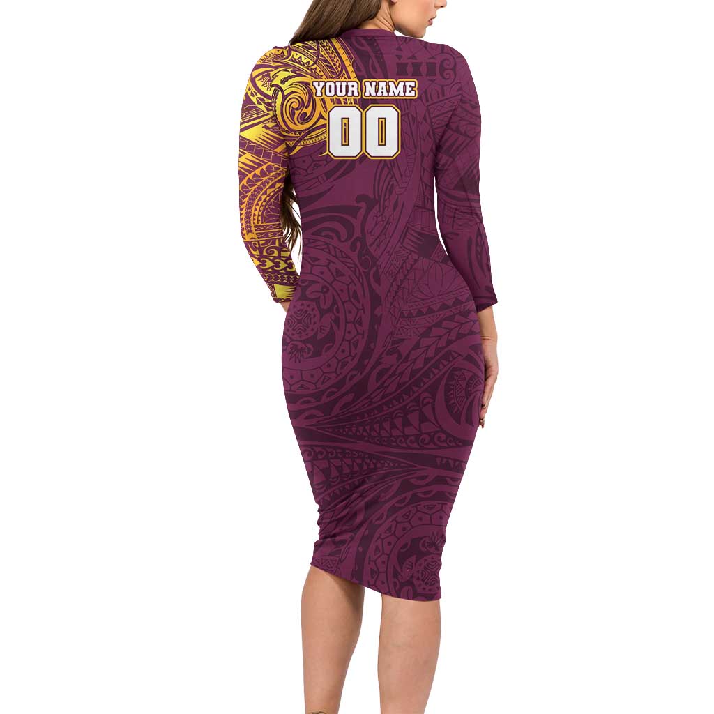 Personalized Brisbane Broncos Long Sleeve Bodycon Dress Polynesian Tribal Chest and Sleeve Tattoo