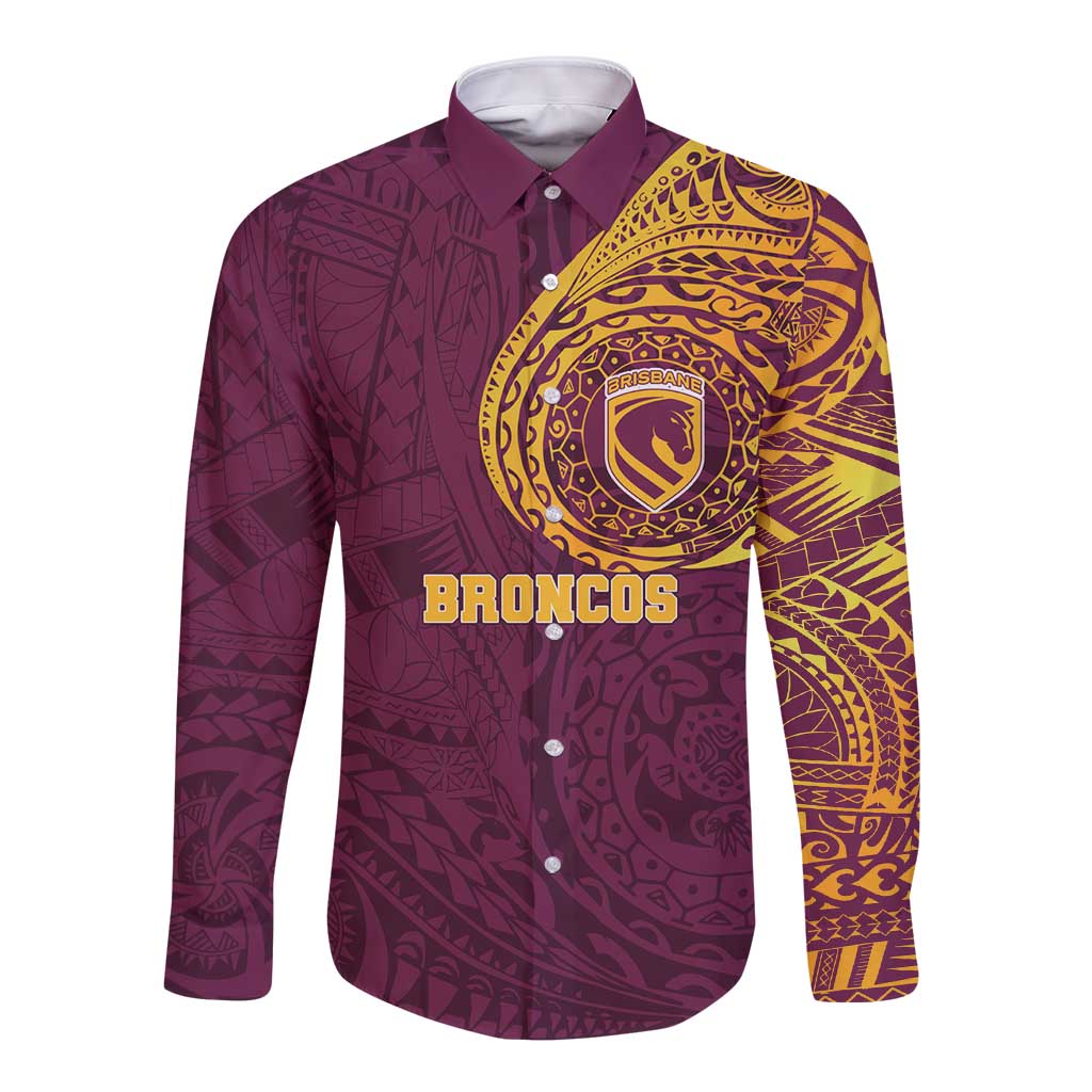Personalized Brisbane Broncos Long Sleeve Button Shirt Polynesian Tribal Chest and Sleeve Tattoo