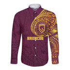 Personalized Brisbane Broncos Long Sleeve Button Shirt Polynesian Tribal Chest and Sleeve Tattoo