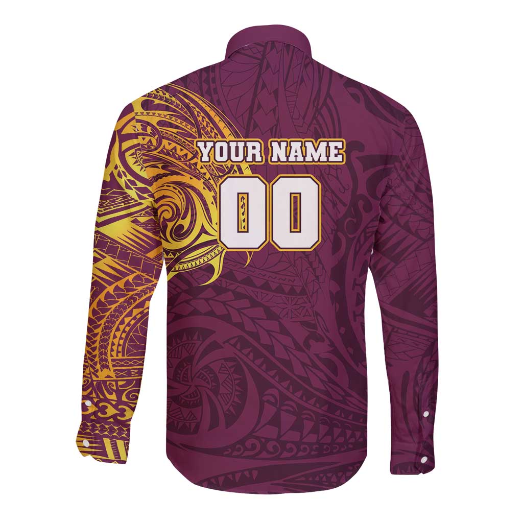 Personalized Brisbane Broncos Long Sleeve Button Shirt Polynesian Tribal Chest and Sleeve Tattoo
